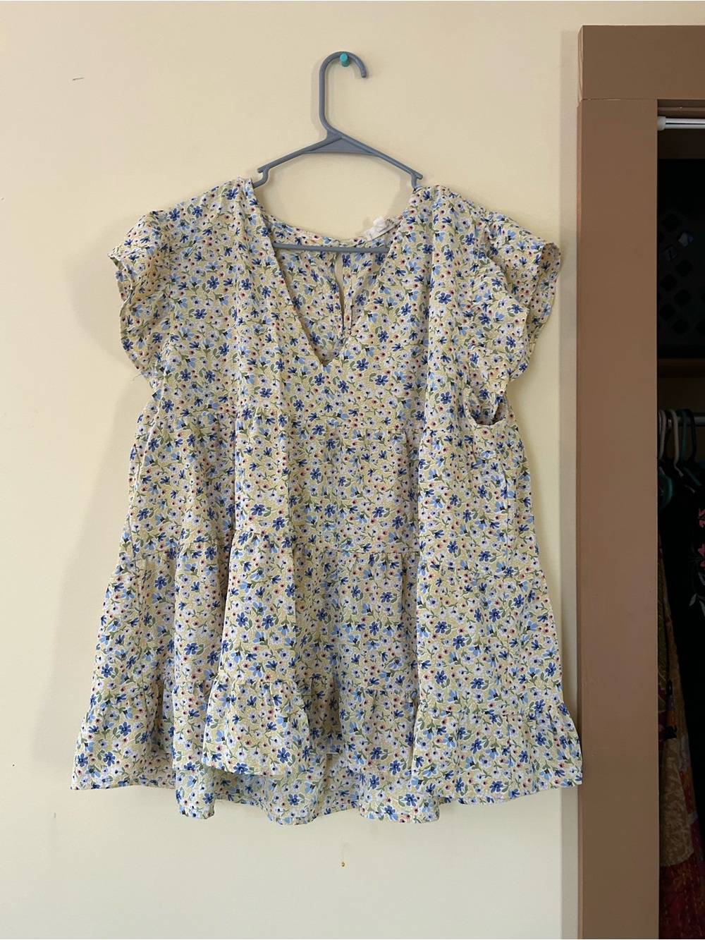 entro Yellow Floral Tiered Blouse with Blue and Green Accents
